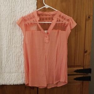 Peach lace insert short sleeve blouse